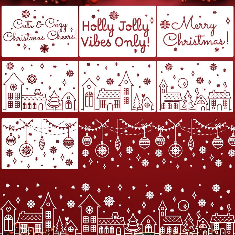 zosylley Christmas Stencils for Window Glass Large Christmas Stencils for Crafts Reusable Xmas Village House Holiday Stencil for Painting on Wood Wall Fabrics Decor - Image 1